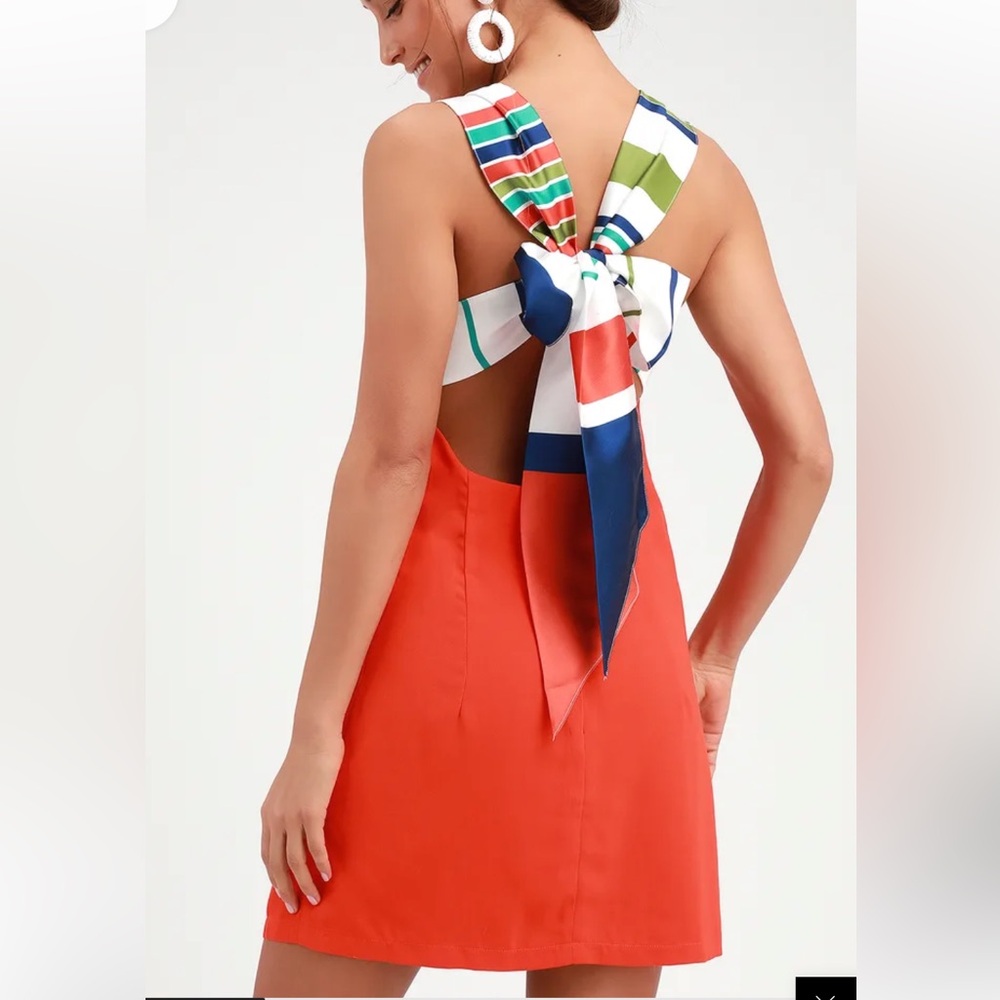 LuLus Joyful Red Orange Multi Stripe Tie-Back Mini